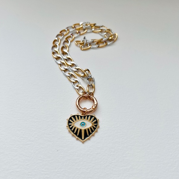 Round carabiner mixed metal black evil eye heart statement necklace - 18” - Picture 9 of 10